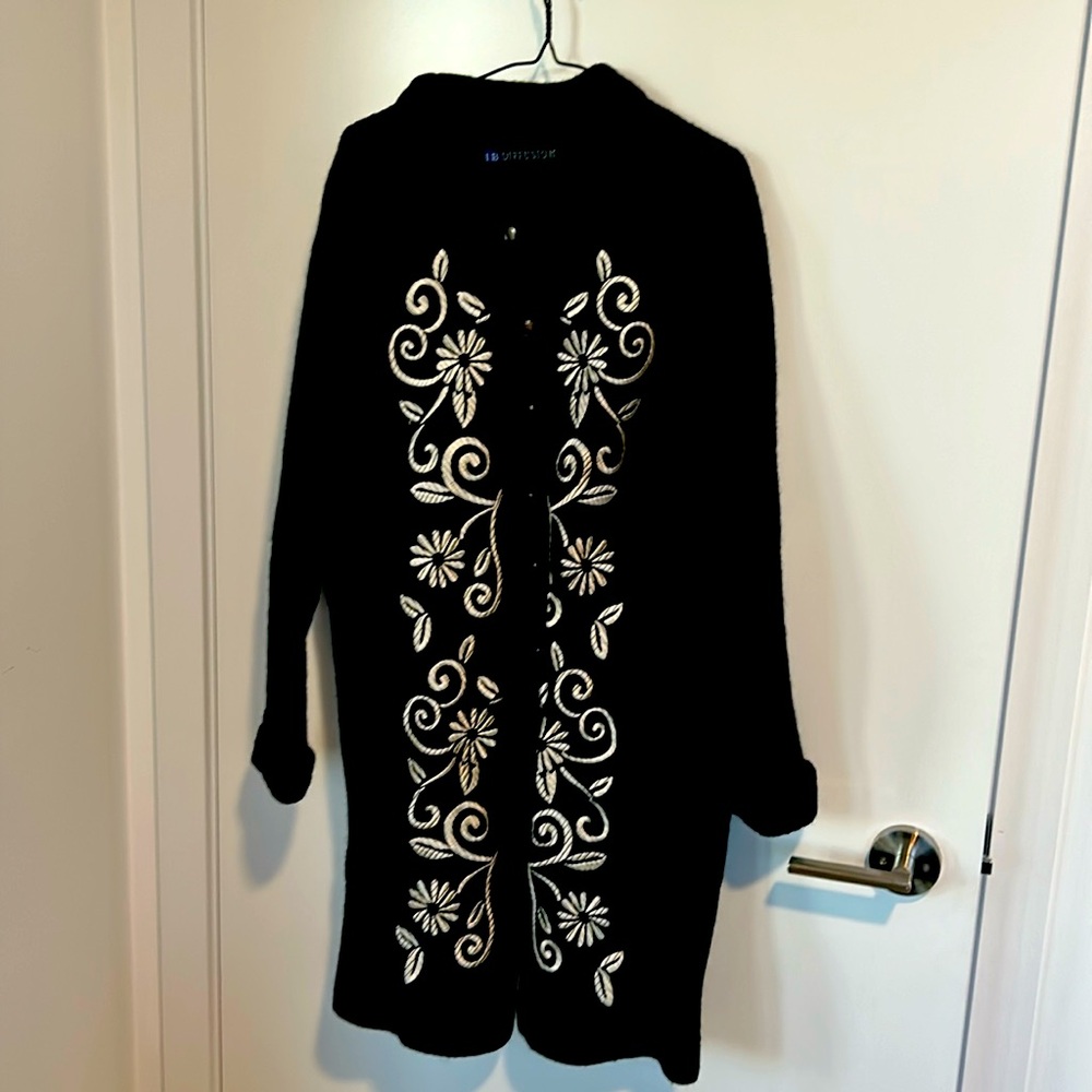 Black Embroidered Long Coat - Women's Jacket & Coat